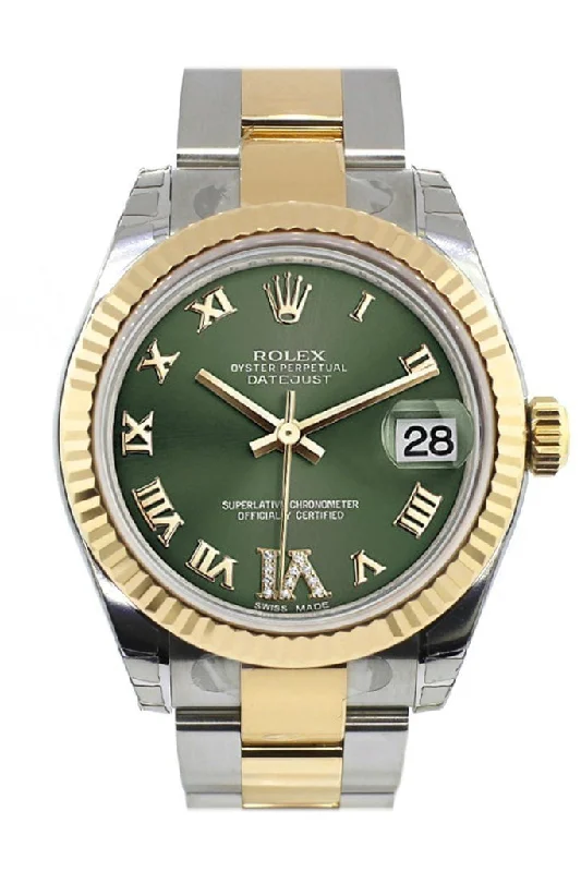 Rolex Datejust 31 Olive Green Roman Large VI Diamond Dial Fluted Bezel  18K Gold Two Tone Ladies 178273 Pre-owned-Rolex Datejust 41mm Steel Watch