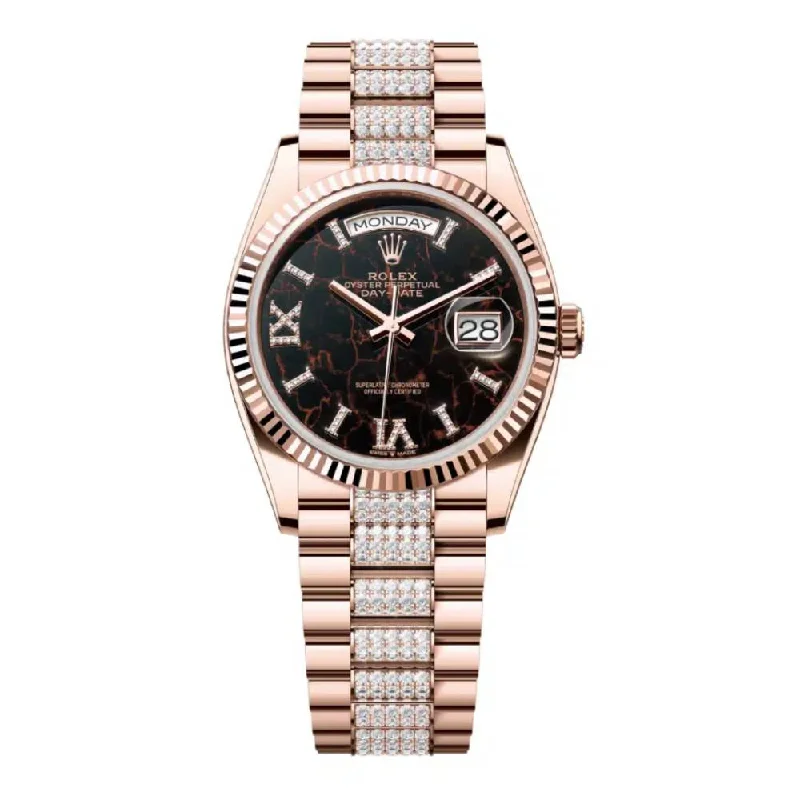 Rolex Day Date 36mm - Ref: 128235-0042 - Eisenkiesel Roman Dial & Fluted Bezel, 18K Rose Gold & Diamonds President Bracelet Watch-Rolex GMT-Master II Pepsi Watch