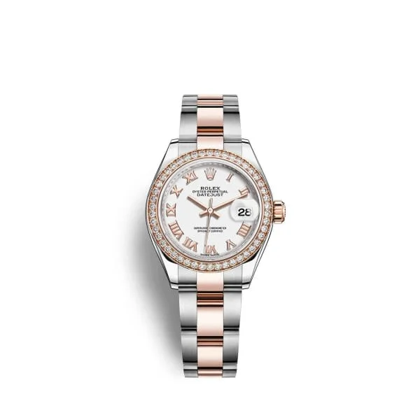 Rolex Lady-Datejust 28mm - Ref: 279381rbr-0022 - White Roman Dial & Diamond Bezel, Two Tone Stainless Steel & 18K Rose Gold Oyster Bracelet Women's Watch-Rolex Submariner Ceramic Bezel Watch