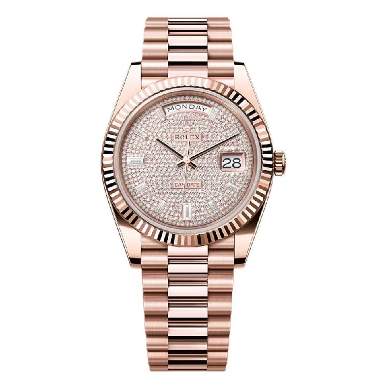 Rolex Day Date 40mm - Ref: 228345rbr-0007 - Pave Diamond Dial & Fluted Bezel, 18K Rose Gold President Bracelet Men's Watch-Rolex Explorer 40mm Stainless Steel Watch