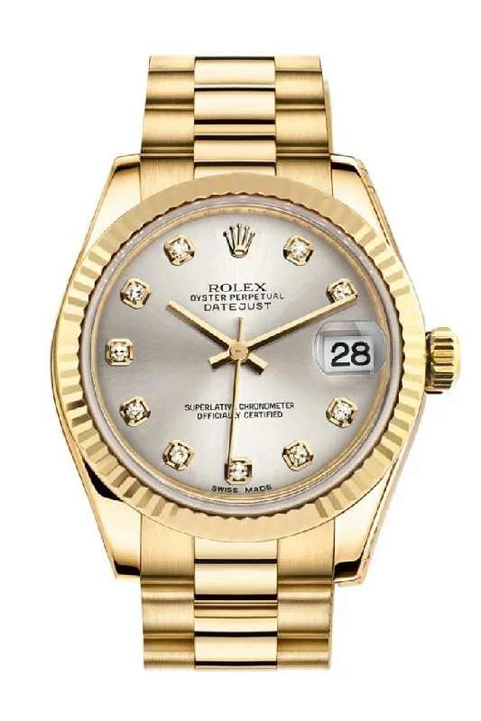 Rolex Datejust 31 Silver Diamond Dial Fluted Bezel 18K Yellow Gold President Ladies Watch 178278 Pre-owned-Rolex Submariner 114060 No Date Black Dial Watch