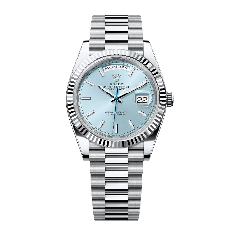 Rolex Day Date 40mm - Ref: 228236 - Ice Blue Stick Dial & Fluted Bezel, Platinum President Bracelet Men's Watch-Rolex Yacht-Master 40mm Blue Dial Watch