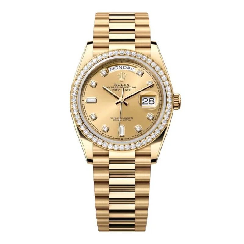 Rolex Day Date 36mm - Ref: 128348rbr-0008 - Champagne Diamond Dial & Diamond Bezel, 18K Yellow Gold President Bracelet Watch-Rolex Datejust 41mm Green Dial Watch