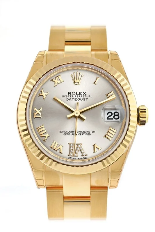 Rolex Datejust 31 Silver Large VI Rubies Dial Fluted Bezel 18K Yellow Gold Ladies Watch 178278 Pre-owned-Rolex Datejust Women’s Watch