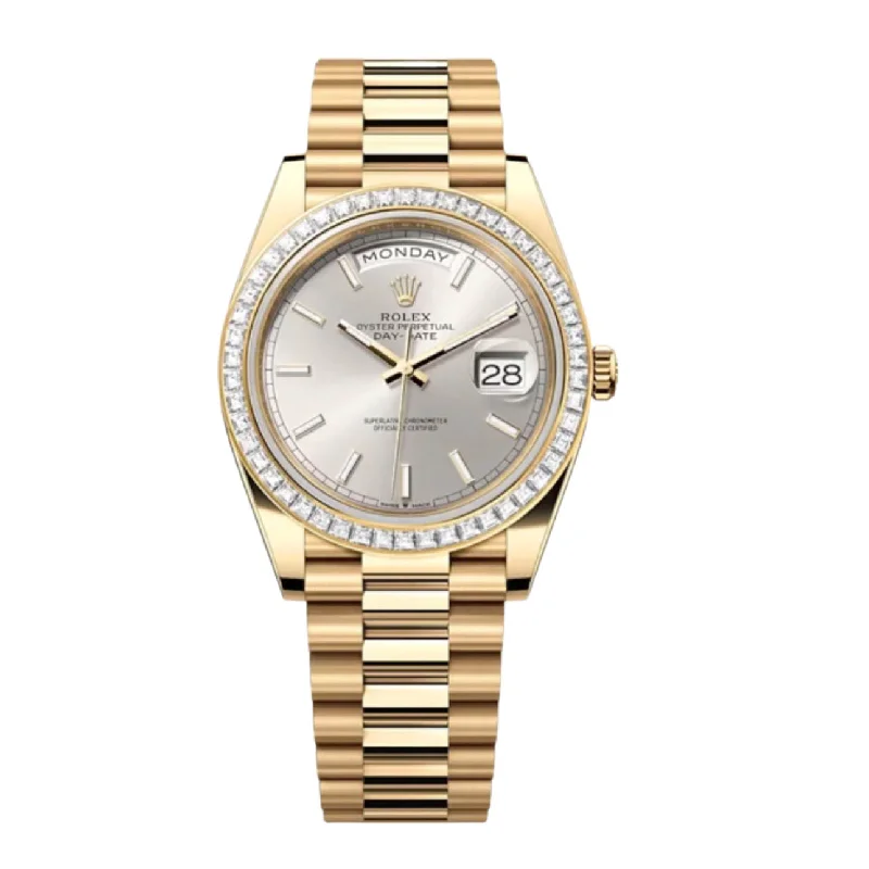 Rolex Day Date 40mm - Ref: 228398TBR - Silver Stick Dial & Diamond Bezel, 18K Yellow Gold President Bracelet Men's Watch-Rolex Yacht-Master 40mm Everose Gold Watch