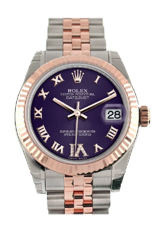 Rolex Datejust 31 Purple Roman Large VI Diamond Dial Fluted Bezel 18K Rose Gold Two Tone Jubilee Ladies Watch 178271 Pre-owned-Rolex Submariner 16610 Watch