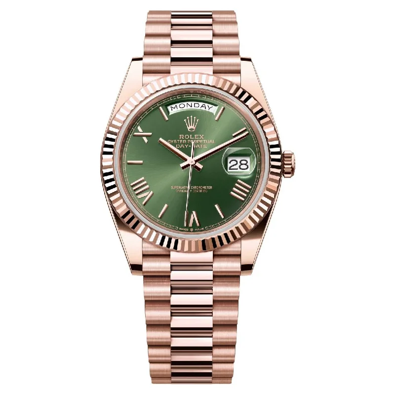 Rolex Day Date 40mm - Ref: 228235-0025 - Olive Green Roman Dial & Fluted Bezel, 18K Rose Gold President Bracelet Men's Watch-Rolex Datejust 116234 Black Dial Watch