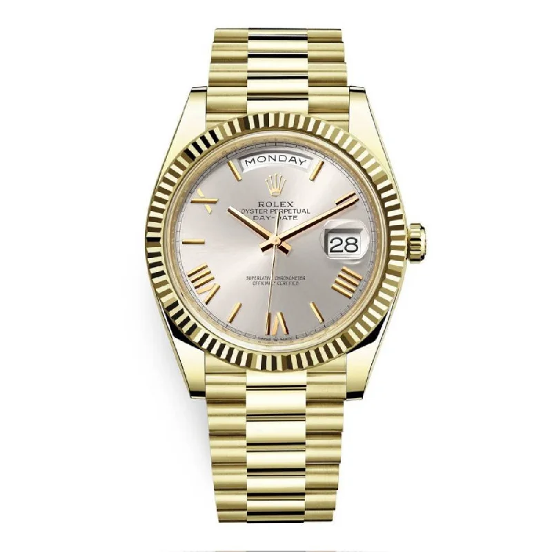 Rolex Day Date 40mm - Ref: 228238-0002 - Silver Roman Dial & Fluted Bezel, 18K Yellow Gold President Bracelet Men's Watch-Rolex Daytona 116528 Watch