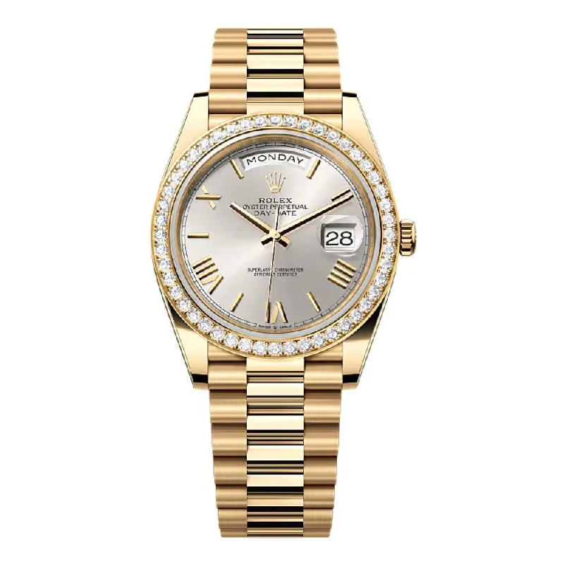 Rolex Day Date 40mm - Ref: 228348rbr-0007 - Silver Roman Dial & Diamond Bezel, 18K Yellow Gold President Bracelet Men's Watch-Rolex Day-Date Yellow Gold Watch