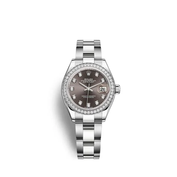 Rolex Lady-Datejust 28mm - Ref: 279384rbr-0018 - Dark Grey Diamond Dial & Diamond Bezel, Stainless Steel Oyster Bracelet Women's Watch-Rolex Day-Date Rose Gold Watch