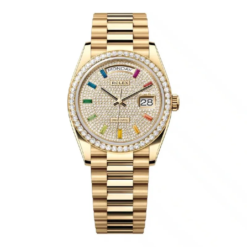 Rolex Day Date 36mm - Ref: 128348rbr-0030 - Pave Rainbow Diamond Dial & Diamond Bezel, 18K Yellow Gold President Bracelet Watch-Rolex Day-Date 36mm Yellow Gold Watch