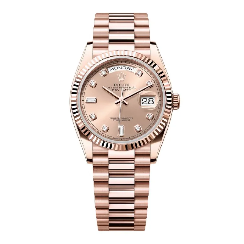 Rolex Day Date 36mm - Ref: 128235-0009 - Rose Diamond Dial & Fluted Bezel, 18K Rose Gold President Bracelet Watch-Rolex Milgauss 116400GV Green Crystal Watch