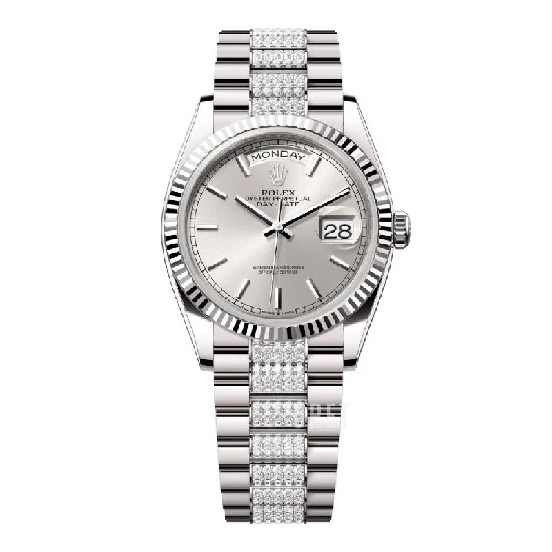 Rolex Day Date 36mm - Ref: 128239-0025 - Silver Stick Dial, 18K White Gold & Diamonds President Bracelet Watch-Rolex Yacht-Master 40mm Diamond Dial Watch