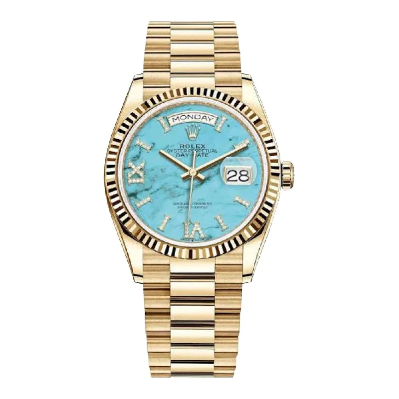 Rolex Day Date 36mm - Ref: ROL-270001 - Tiffany Blue Turqouise Roman Dial & Fluted Bezel, 18K Yellow Gold President Bracelet Watch-Rolex Cosmograph Daytona Watch