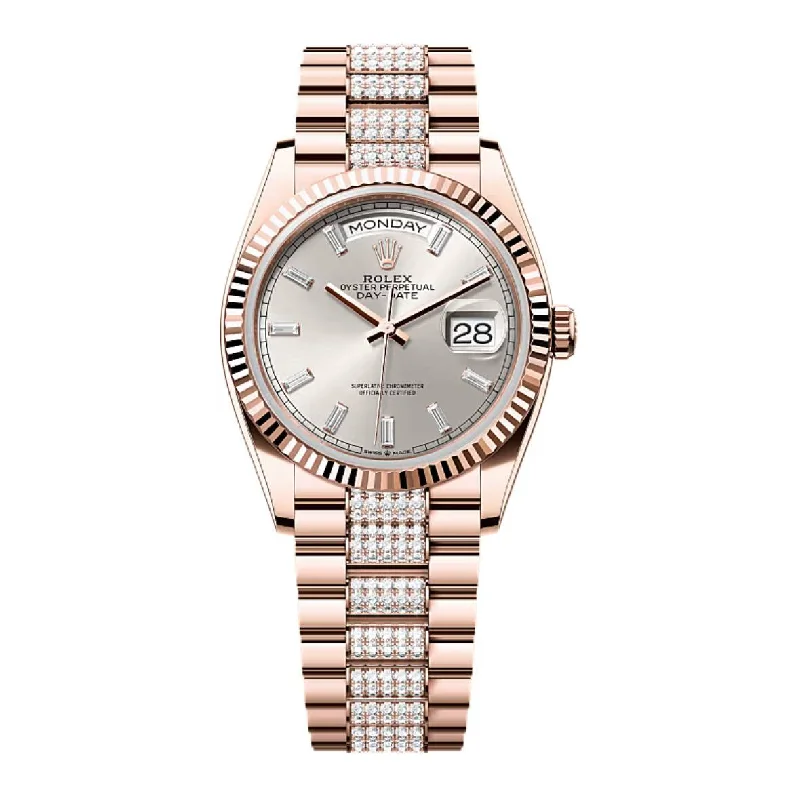 2024 Release Rolex Day-Date 36 mm | 18k Everose gold Diamond President bracelet | Silver dial Fluted bezel | Men's Watch 128235-Rolex Daytona 18k Gold Watch