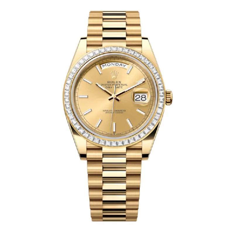 Rolex Day Date 40mm - Ref: 228398tbr-0007 - Champagne Stick Dial & Diamond Bezel, 18K Yellow Gold President Bracelet Men's Watch-Rolex Day-Date 36mm Watch