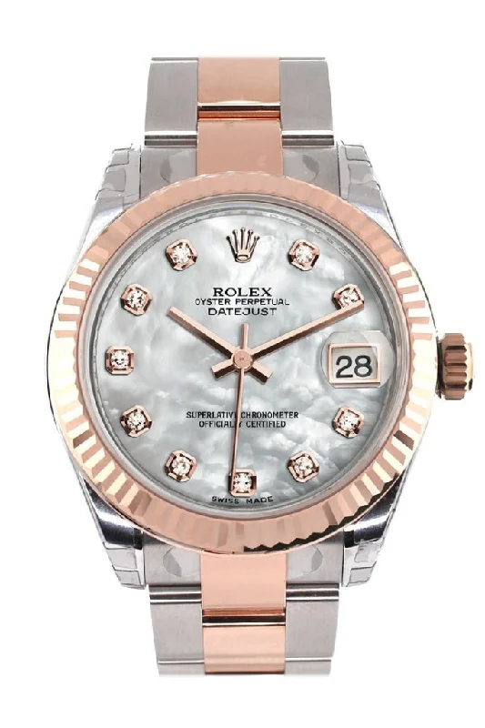 Rolex Datejust 31 White Mother of Pearl Diamond Dial Fluted Bezel 18K Rose Gold Two Tone Ladies Watch 178271 Pre-owned-Rolex Submariner Ceramic Watch