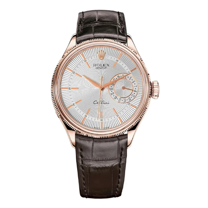 Rolex Cellini Time 39mm - Ref: 50515-0008 - Silver Guilloche Index Dial, Domed & Fluted Double Bezel, 18K Rose Gold & Tobacco Brown Leather Strap Watch-Rolex Yacht-Master 40mm Blue Dial Watch