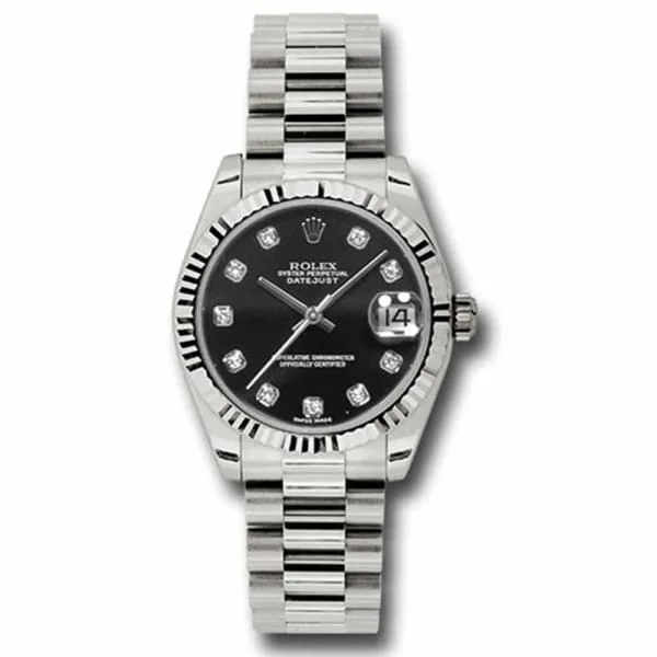 Rolex Datejust 31mm - Ref: 178279 bkdp - Black Dial & Diamond Bezel, 18K White Gold President Bracelet Women's Watch-Rolex Explorer Men’s Watch