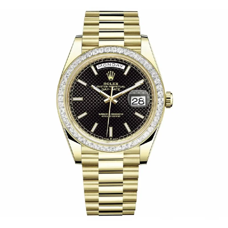 Rolex Day Date 40mm - Ref: 228398tbr-0004 - Black Diagonal Motif Stick Dial & Diamond Bezel, 18K Yellow Gold President Bracelet Men's Watch-Rolex Milgauss 116400GV Watch