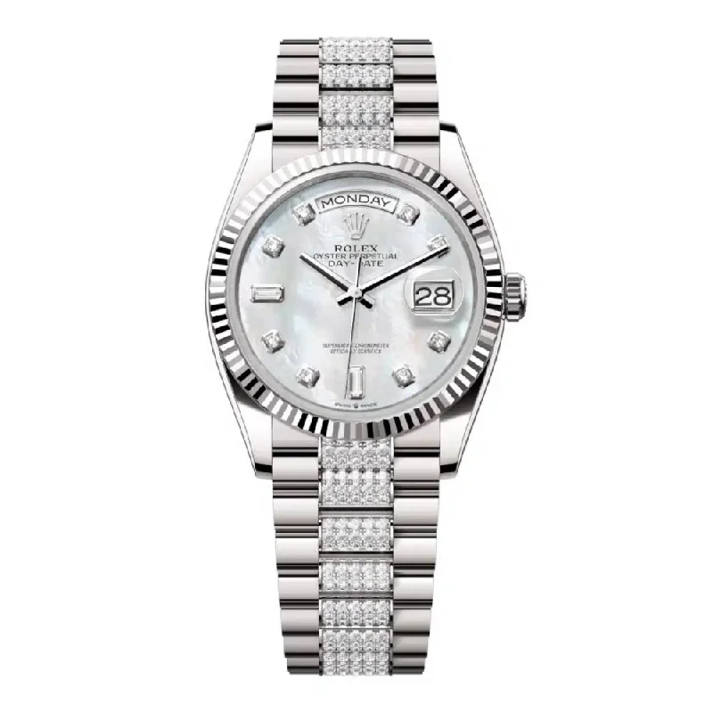 Rolex Day Date 36mm - Ref: 128239-0026 - White Mother of Pearl Diamond Dial & Fluted Bezel, 18K White Gold & Diamonds President Bracelet Watch-Rolex Explorer 42mm Watch