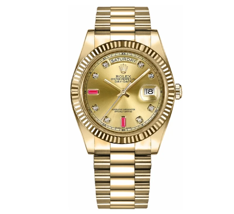 Rolex Day Date 41mm - Ref: 218238 - Champagne Diamond / Ruby Dial & Diamond Bezel, 18K Yellow Gold President Bracelet Men's Watch-Rolex Datejust 41mm Steel Watch