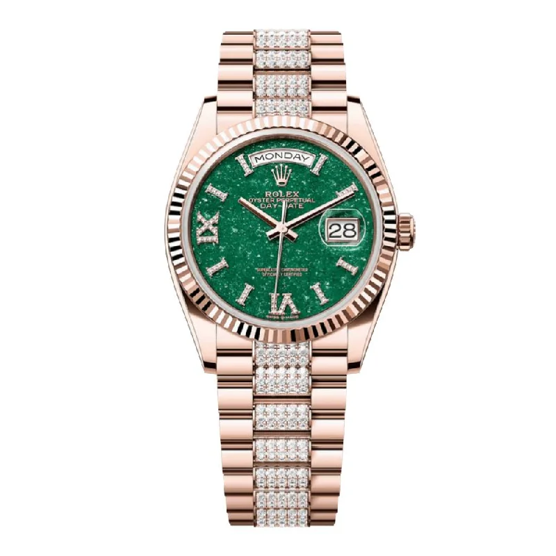 Rolex Day Date 36mm - Ref: 128235 - Green Aventurine Roman Diamond Dial & Fluted Bezel, 18K Rose Gold & Diamonds President Bracelet Watch-Rolex Cosmograph Daytona 18k Rose Gold Watch