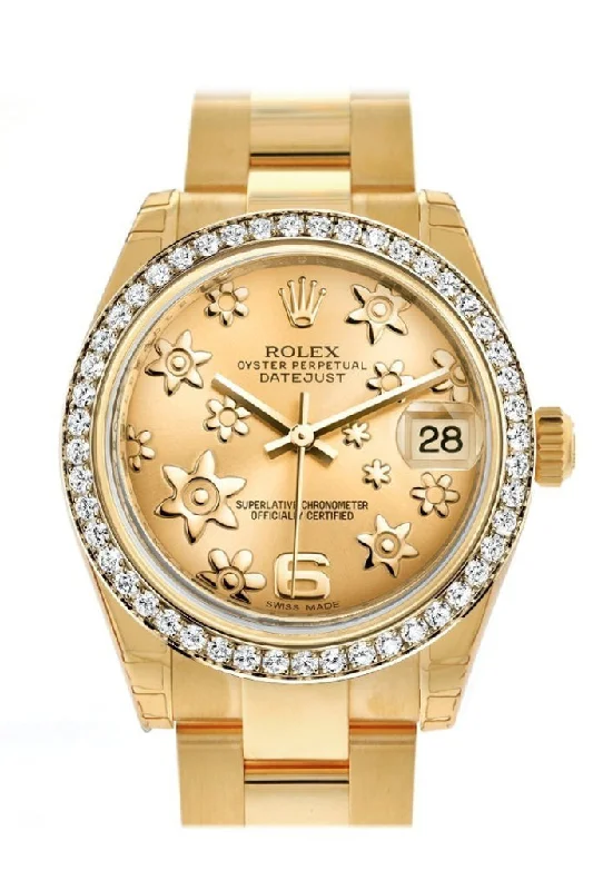 Rolex Datejust 31 Champagne Floral Motif Dial Diamond Bezel 18K Yellow Gold Ladies Watch 178288 Pre-owned-Rolex Submariner 116610LV Hulk Watch