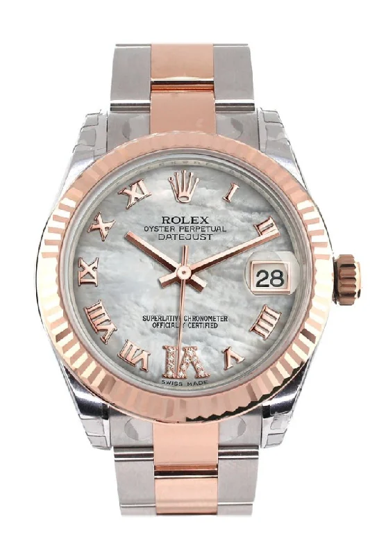 Rolex Datejust 31 White Mother of Pearl Roman Large VI Diamond Dial Fluted Bezel 18K Rose Gold Two Tone Watch 178271 Pre-owned-Rolex Datejust 41mm Diamond Dial Watch