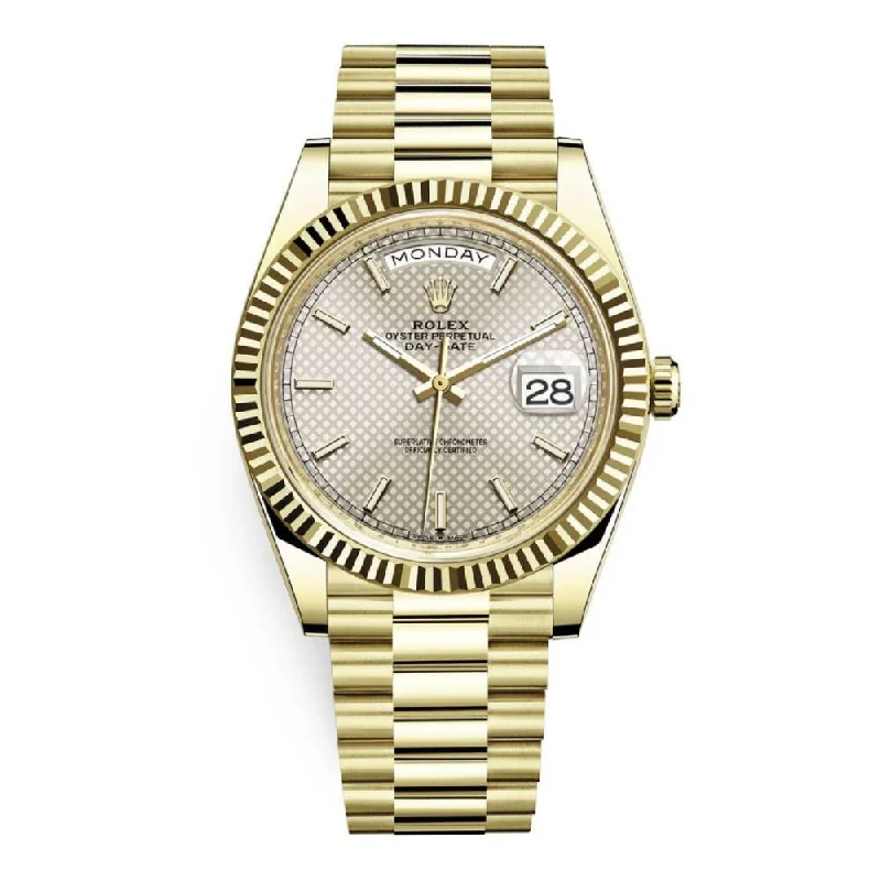 Rolex Day Date 40mm - Ref: 228238-0008 - Silver Diagonal Motif Stick Dial & Fluted Bezel, 18K Yellow Gold President Bracelet Men's Watch-Rolex Datejust 41mm Black Dial Watch