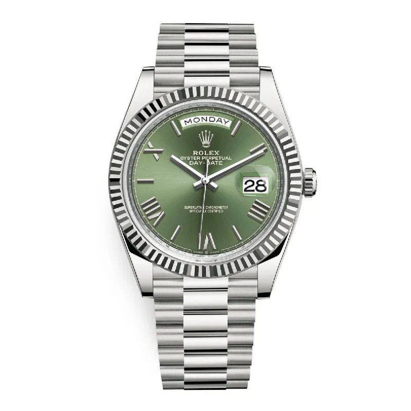 Rolex Day Date 40mm - Ref: 228239-0033 - Olive Green Roman Dial, 18K White Gold President Bracelet Men's Watch-Rolex Milgauss 116400GV Z-Blue Watch