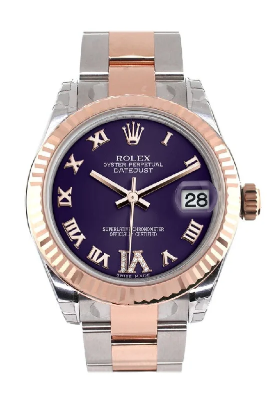 Rolex Datejust 31 Purple Roman Large VI set with Diamond Dial Fluted Bezel 18K Rose Gold Two Tone Ladies Watch 178271 Pre-owned-Rolex Daytona 18k Gold Watch