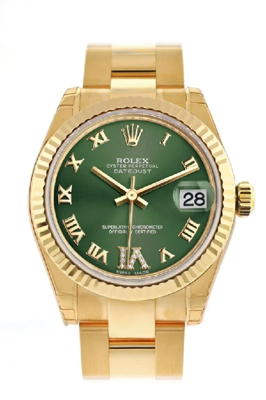 Rolex Datejust 31 Olive Green VI Diamonds Dial Fluted Bezel 18K Yellow Gold Ladies Watch 178278 Pre-owned-Rolex Day-Date President Watch