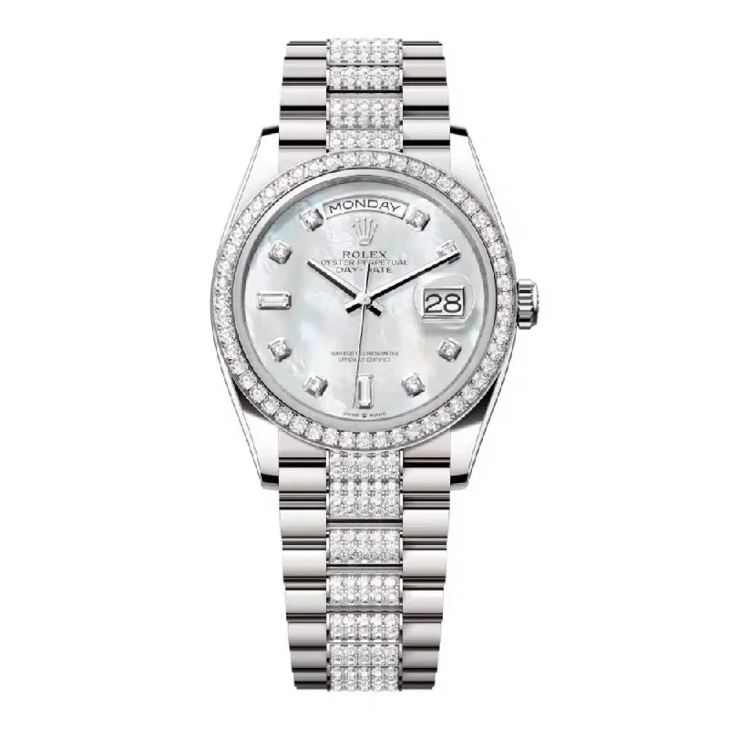 Rolex Day Date 36mm - Ref: 128349rbr-0014 - White Mother of Pearl Diamond Dial & Diamond Bezel, 18K White Gold & Diamonds President Bracelet Watch-Rolex Milgauss 116400GV Watch Green Crystal