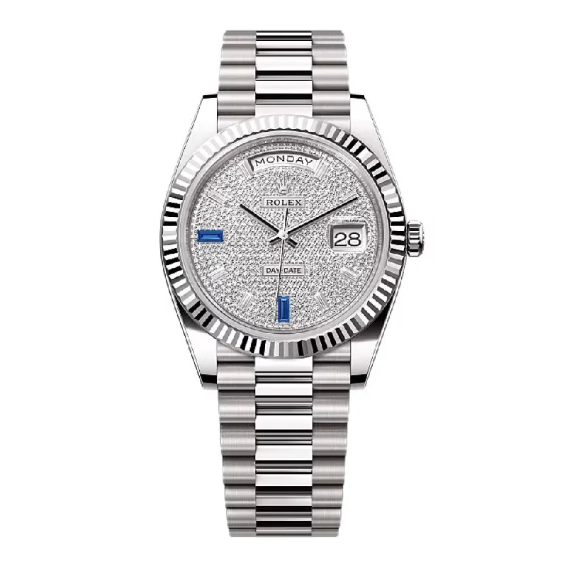 Rolex Day Date 40mm - Ref: 228239-0049 - Pave Diamond / Sapphire Dial & Fluted Bezel, 18K White Gold President Bracelet Men's Watch-Rolex Explorer Men’s Watch