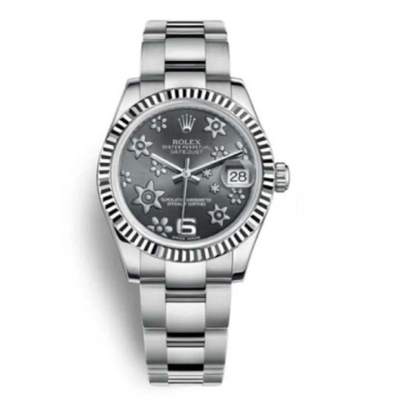 Rolex Datejust 31mm - Ref: 178274-0091 - Dark Rhodium Floral Motif Dial, Stainless Steel Oyster Bracelet Women's Watch-Rolex Explorer 40mm Watch