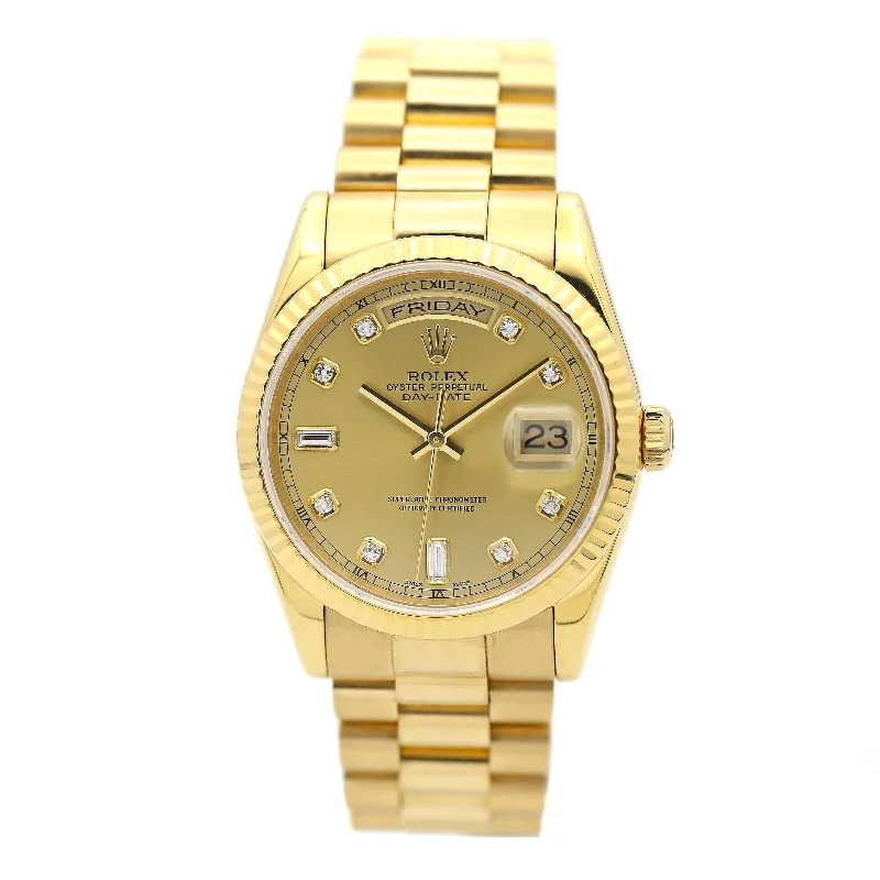 Rolex Day Date 36mm - Ref: ROL-92507 - Champagne Diamond Dial & Fluted Bezel, 18K Yellow Gold President Bracelet Watch-Rolex Datejust 116200 Watch