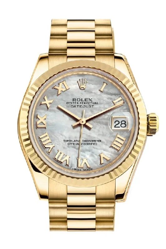 Rolex Datejust 31 White Mother of Pearl Roman Dial Fluted Bezel 18K Yellow Gold President Ladies Watch 178278 Pre-owned-Rolex Datejust 41mm Green Dial Watch