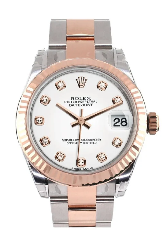 Rolex Datejust 31 White Diamond Dial Fluted Bezel 18K Rose Gold Two Tone Ladies Watch 178271 Pre-owned-Rolex Submariner Blue Dial Watch