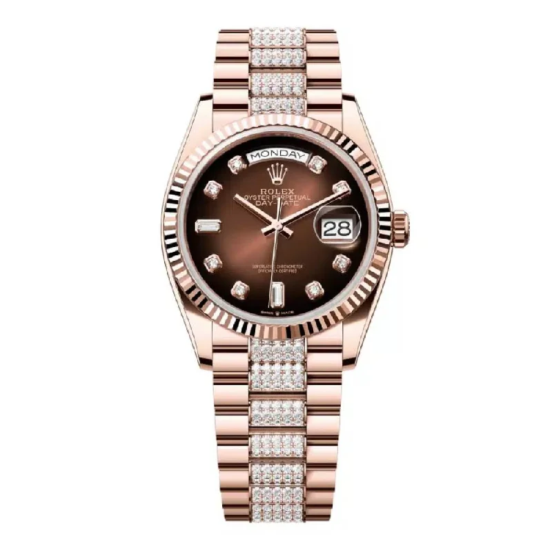 Rolex Day Date 36mm - Ref: 128235-0038 - Brown Ombre Diamond Dial & Fluted Bezel, 18K Rose Gold & Diamonds President Bracelet Watch-Rolex Daytona 18k Gold Watch