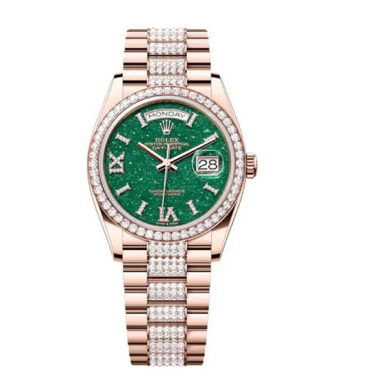 Rolex Day Date 36mm - Ref: 128345RBR - Green Aventurine Roman Diamond Dial & Diamond Bezel, 18K Rose Gold & Diamonds President Bracelet Watch-Rolex Milgauss Green Crystal Watch