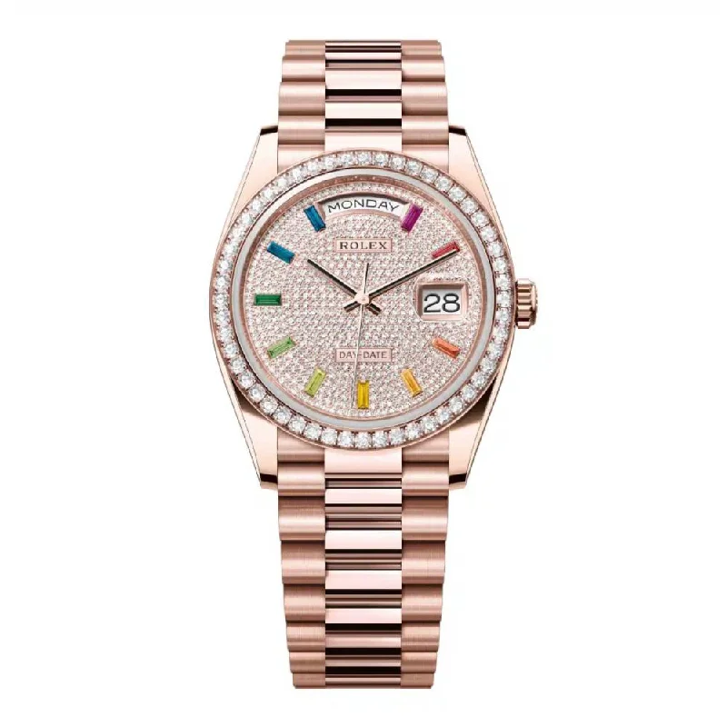 Rolex Day Date 36mm - Ref: 128345rbr-0042 - Pave Rainbow Diamond Dial & Diamond Bezel, 18K Rose Gold President Bracelet Watch-Rolex Day-Date 36mm White Dial Watch