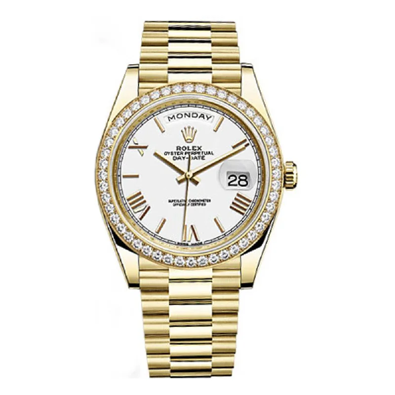 Rolex Day Date 40mm - Ref: 228348rbr-0034 - White Roman Dial & Diamond Bezel, 18K Yellow Gold President Bracelet Men's Watch-Rolex GMT-Master II Green Dial Watch