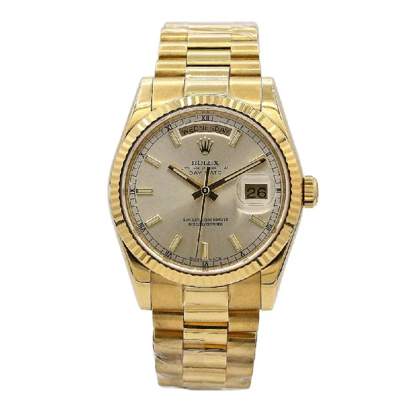 Rolex Day Date 36mm - Ref: 118238sip - Silver Dial & Fluted Bezel, 18K Yellow Gold President Bracelet Watch-Rolex Cosmograph Daytona Ceramic Bezel Watch