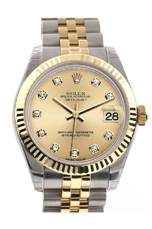 Rolex Datejust 31 Champagne Diamond Dial Fluted Bezel 18K Gold Two Tone Jubilee Ladies 178273 Pre-owned-Rolex Oyster Perpetual 39mm Watch