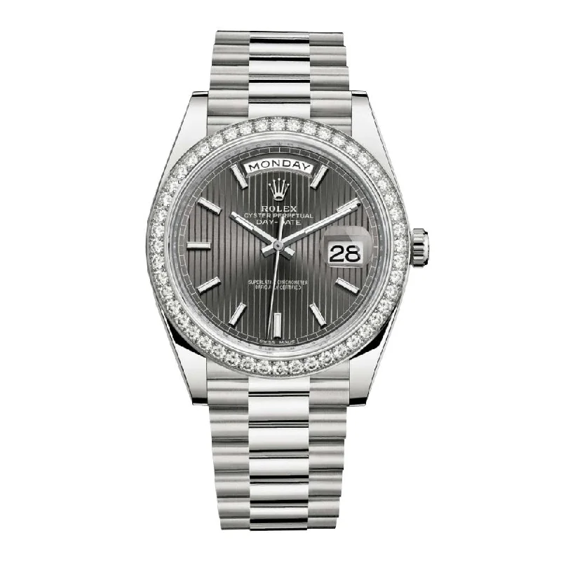 Rolex Day Date 40mm - Ref: 228349rbr-0008 - Dark Rhodium Stripe Motif Stick Dial & Diamond Bezel, 18K White Gold President Bracelet Men's Watch-Rolex Datejust 41mm Watch