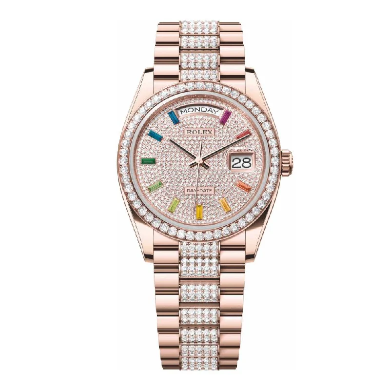 Rolex Day Date 36mm - Ref: 128345rbr-0043 - Pave Rainbow Diamond Dial & Diamond Bezel, 18K Rose Gold & Diamonds President Bracelet Watch-Rolex Daytona 116500LN Ceramic Watch