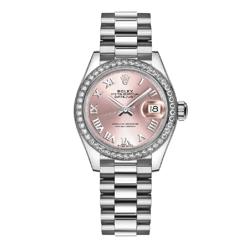 Rolex Lady-Datejust 28mm - Ref: 279136RBR prp - Pink Roman Diamond Dial & Diamond Bezel, Platinum Presidential Bracelet Women's Watch-Rolex Day-Date Rose Gold Watch