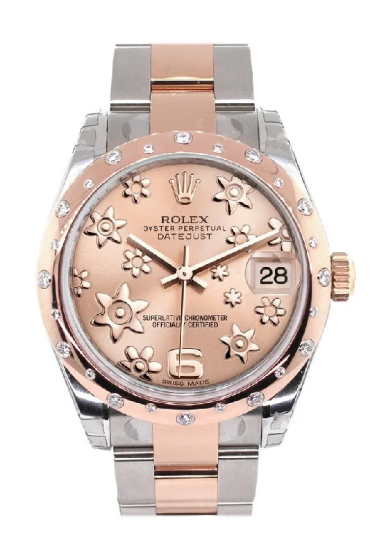 Rolex Datejust 31 Pink Raised Floral Motif Dial Diamond Bezel 18K Rose Gold Two Tone Ladies Watch 178341 Pre-owned-Rolex Day-Date Platinum Watch