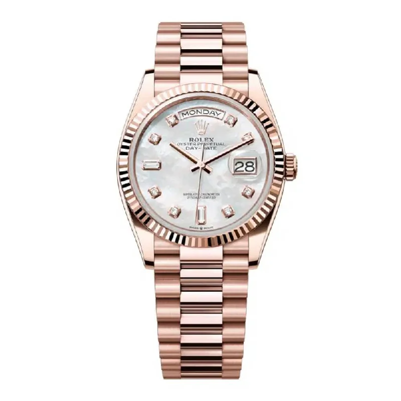 Rolex Day Date 36mm - Ref: 128235-0029 - White Mother of Pearl Diamond Dial & Fluted Bezel, 18K Rose Gold President Bracelet Watch-Rolex Submariner Ceramic Watch